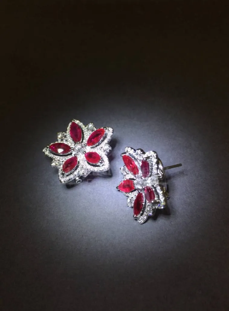 Ruby & Diamond Flower Earrings