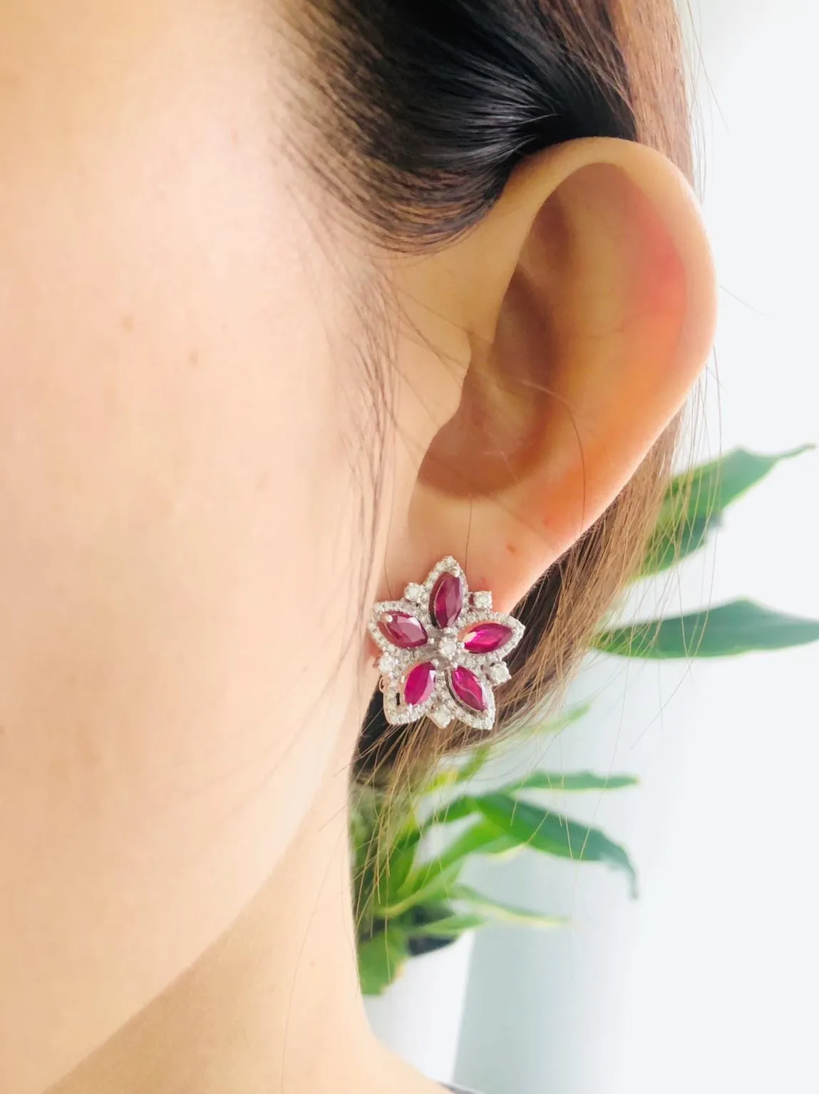 Ruby & Diamond Flower Earrings