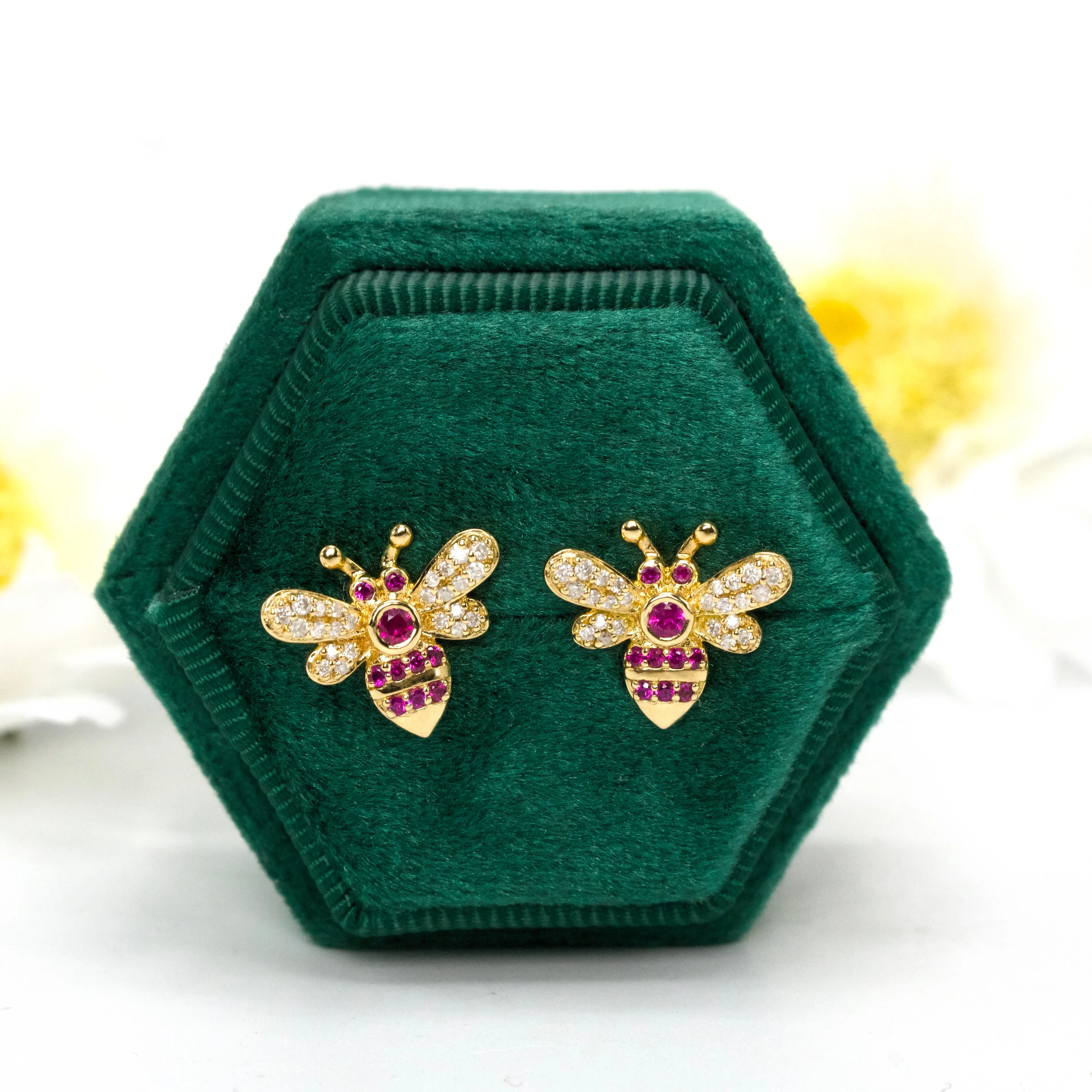 Ruby and Diamond Bee Stud Earrings in 18K Yellow Gold