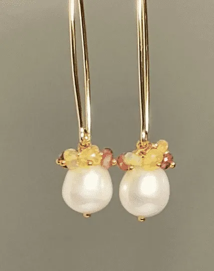 Ruby and Opal Cluster Long Pearl Earrings