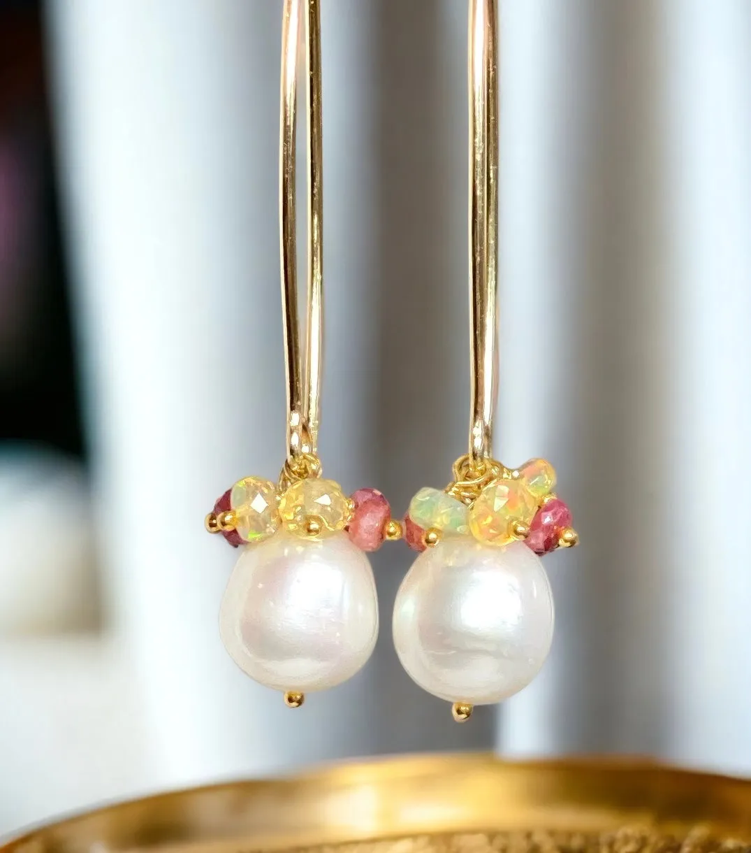 Ruby and Opal Cluster Long Pearl Earrings