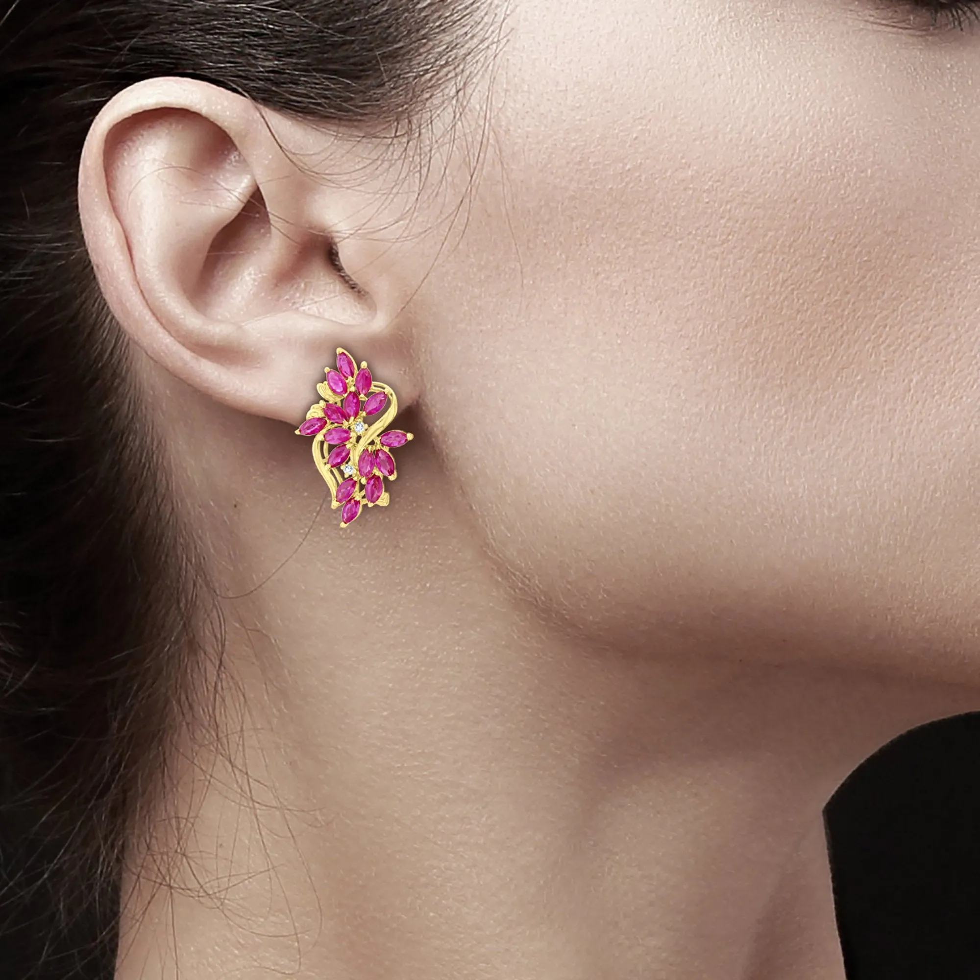 Ruby Floral Cluster Earrings 14k Yellow Gold