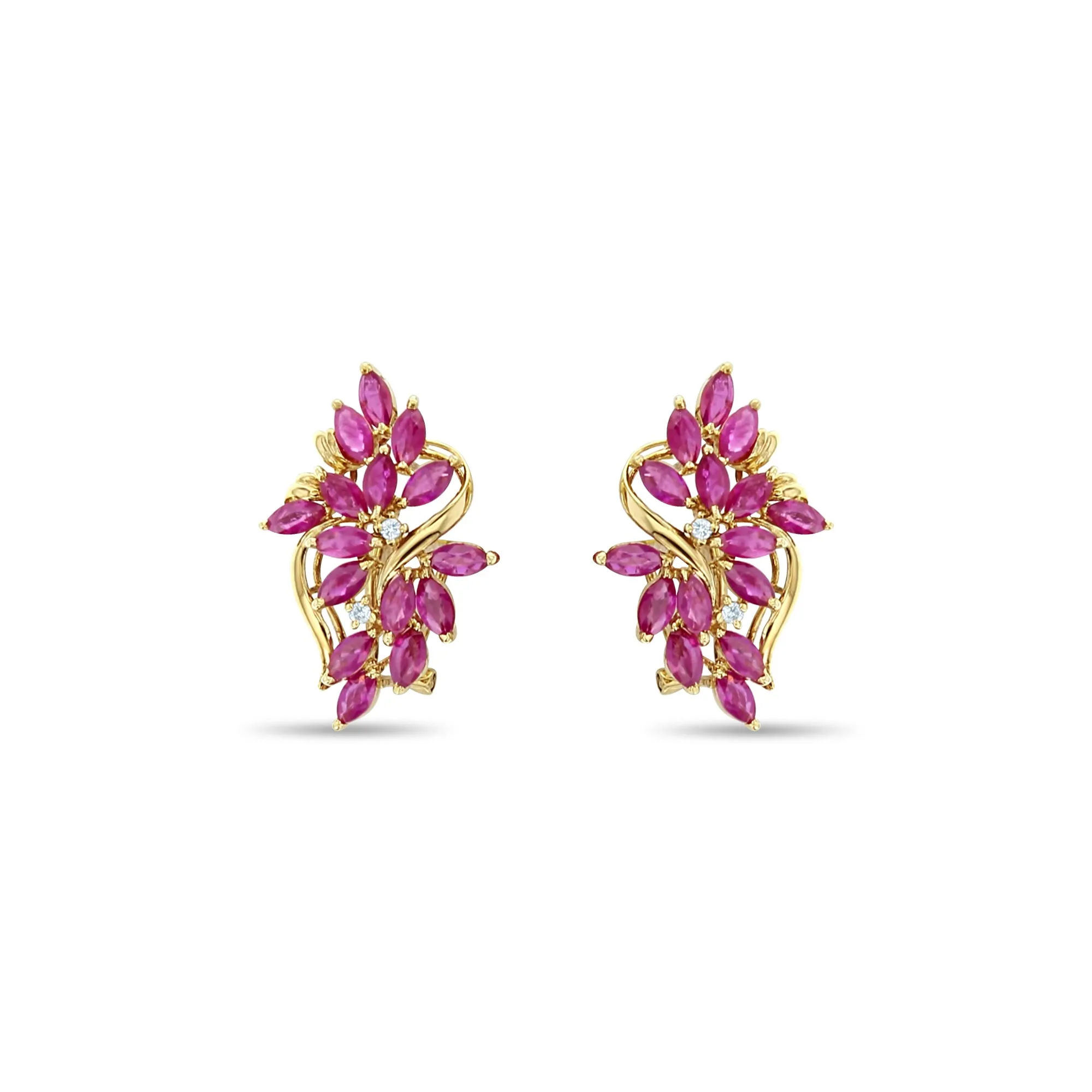 Ruby Floral Cluster Earrings 14k Yellow Gold