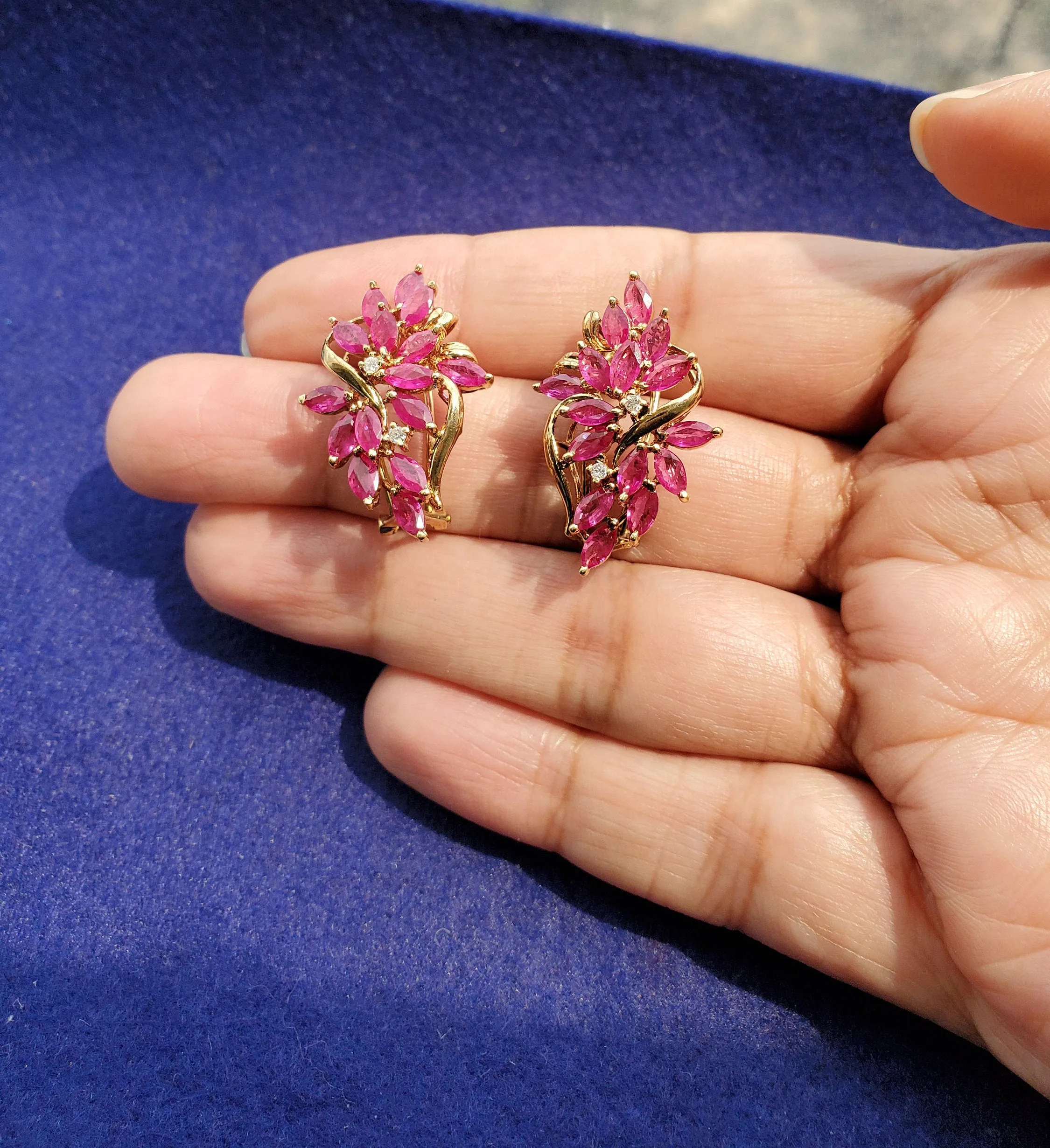 Ruby Floral Cluster Earrings 14k Yellow Gold
