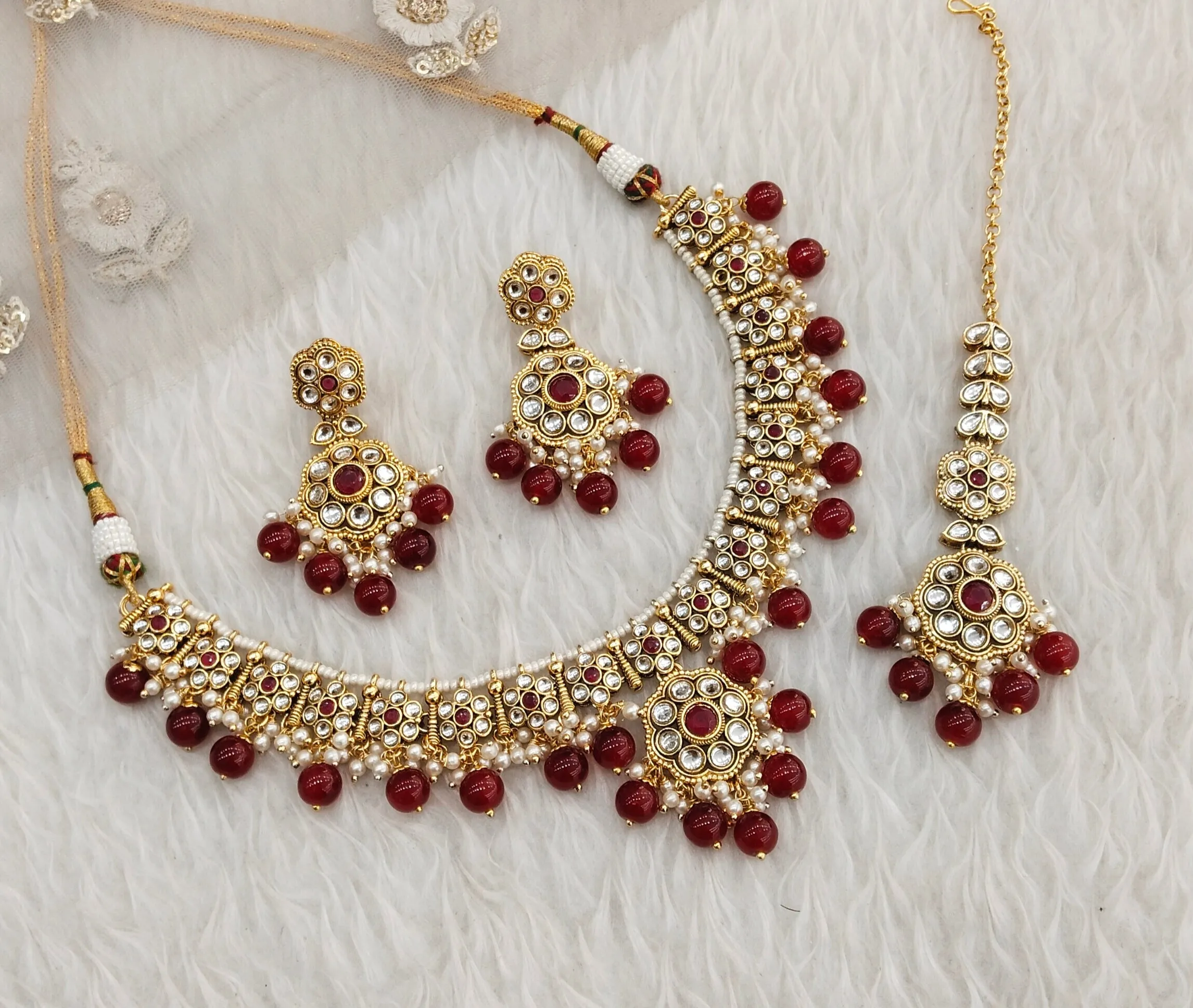 Ruby Gold Kundan Necklace Indian Jewellery Surya Set
