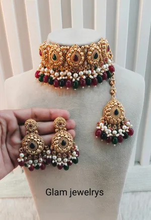 Ruby Green Gold Punjabi Choker Indian Jewellery Birpal set