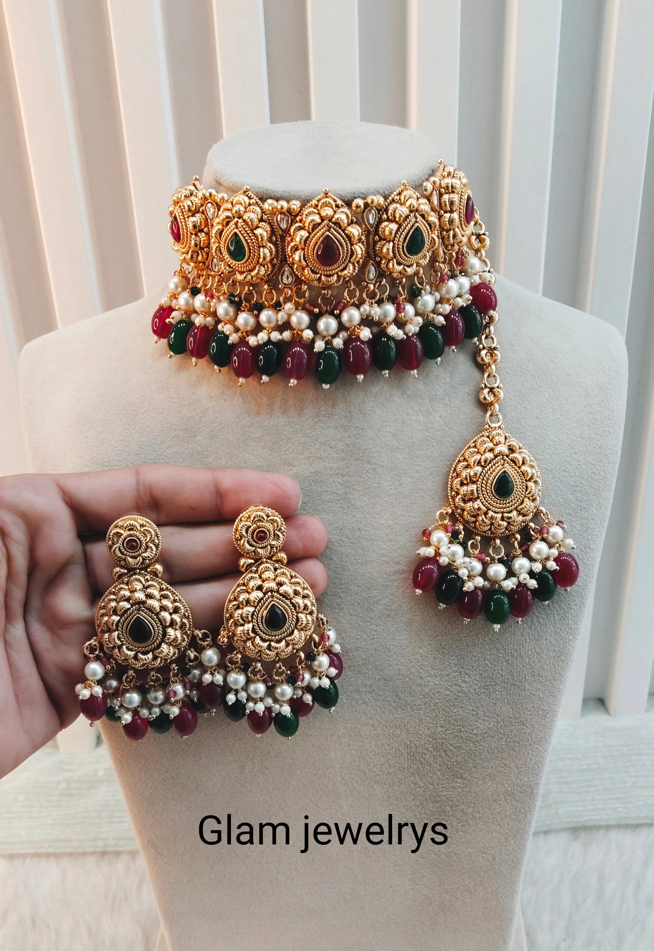 Ruby Green Gold Punjabi Choker Indian Jewellery Birpal set