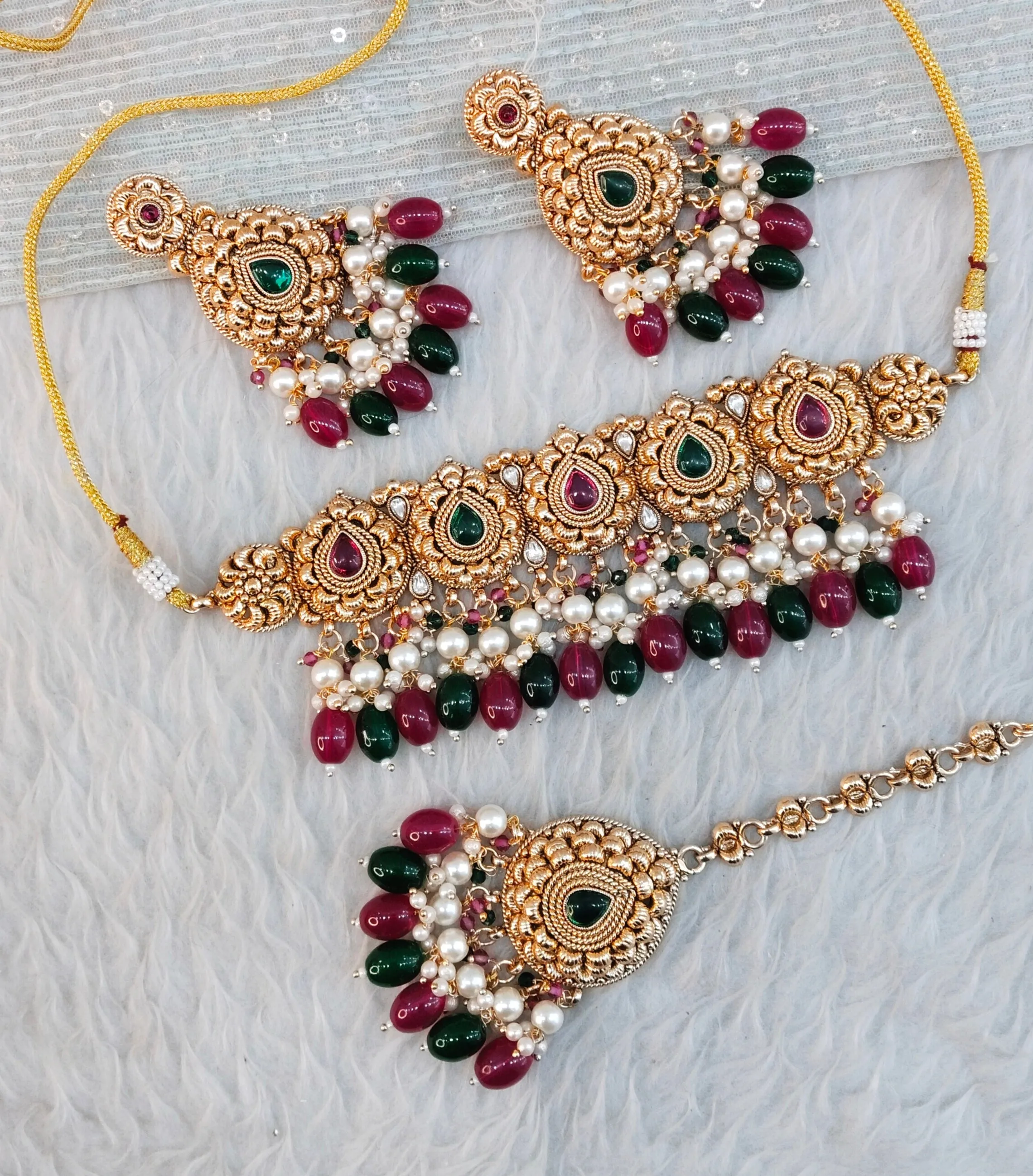 Ruby Green Gold Punjabi Choker Indian Jewellery Birpal set