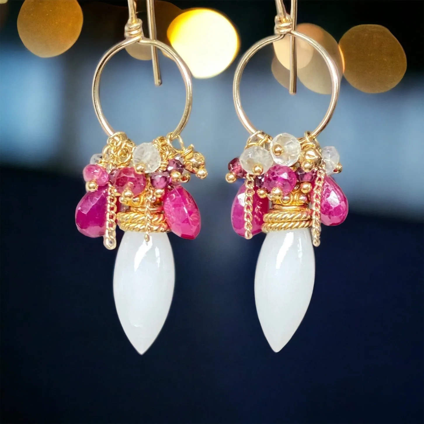 Ruby Hoop Earrings in Gold Fill with White Aventurine