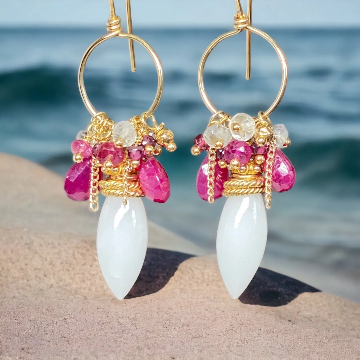 Ruby Hoop Earrings in Gold Fill with White Aventurine