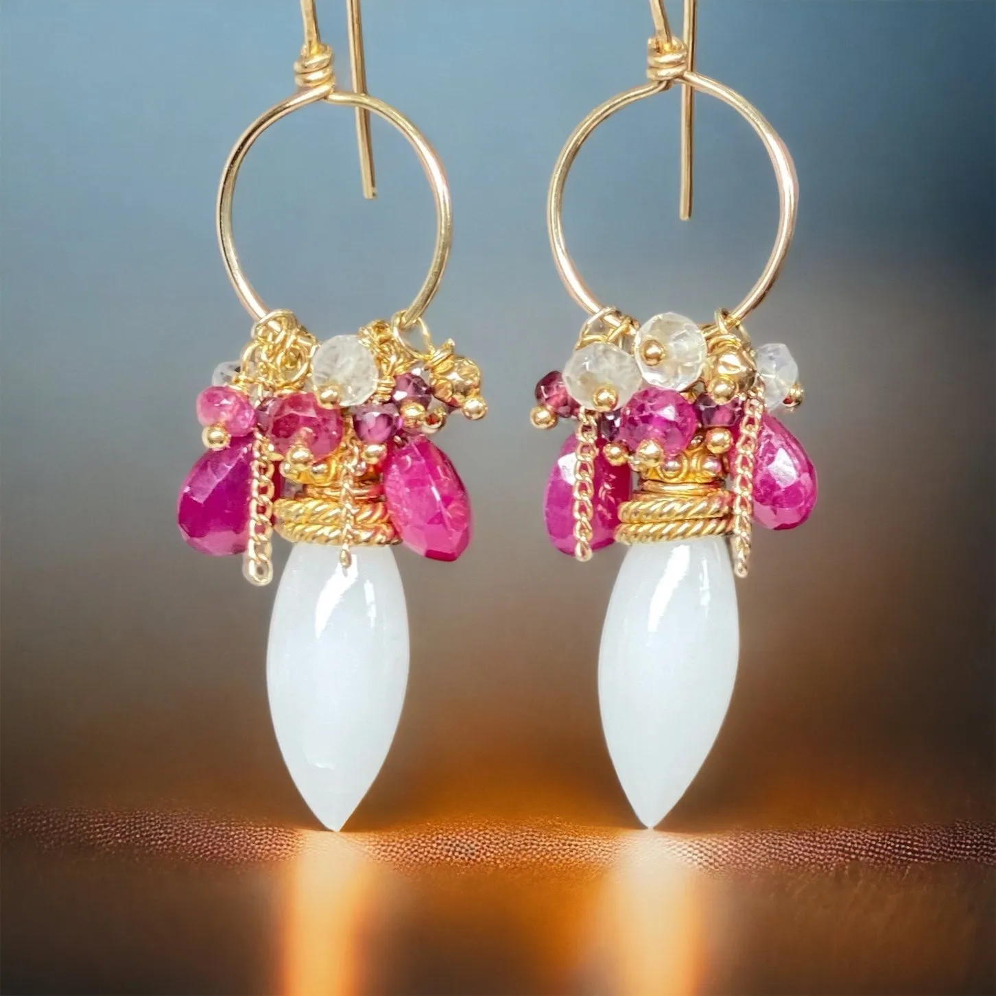 Ruby Hoop Earrings in Gold Fill with White Aventurine