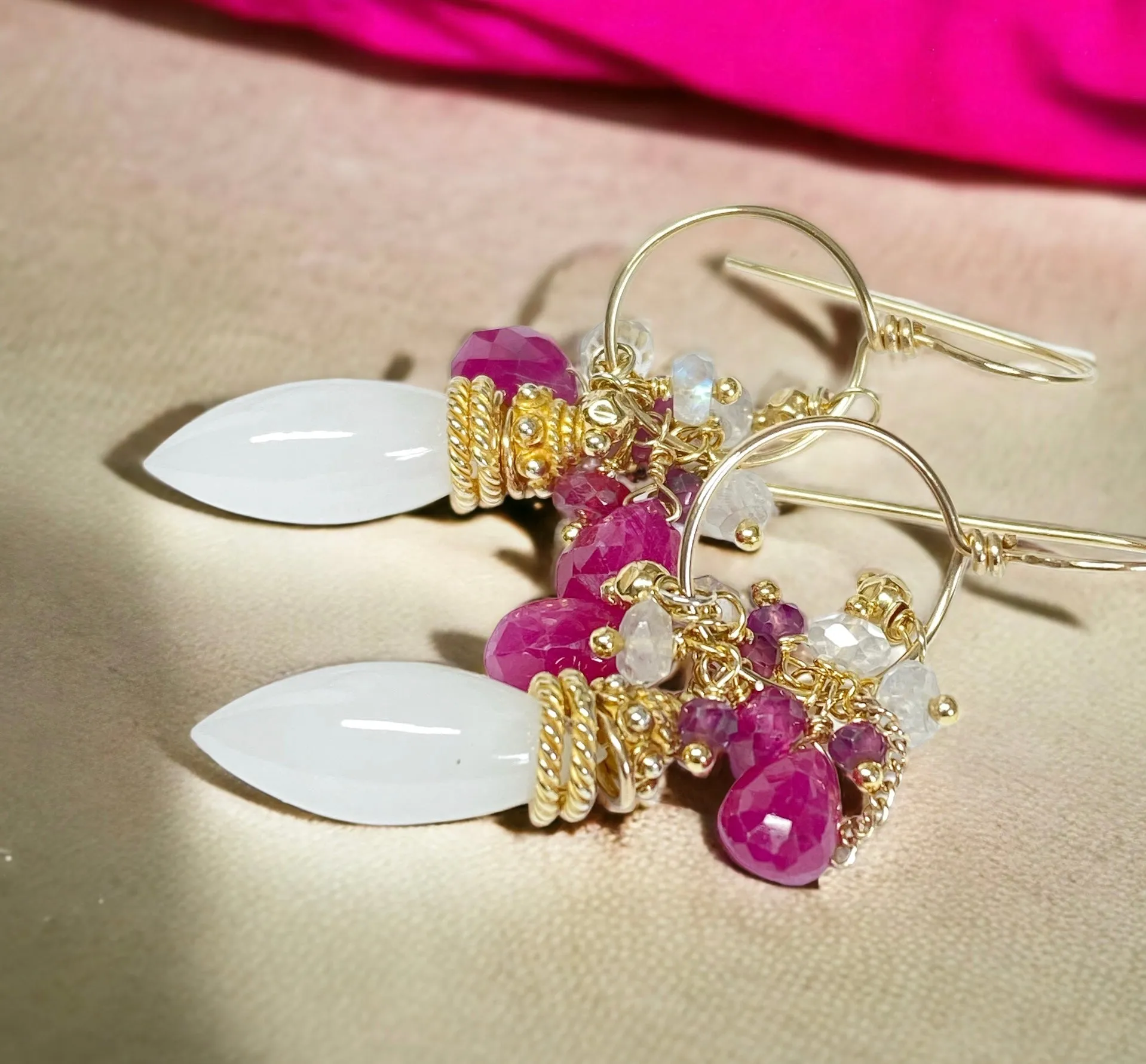 Ruby Hoop Earrings in Gold Fill with White Aventurine