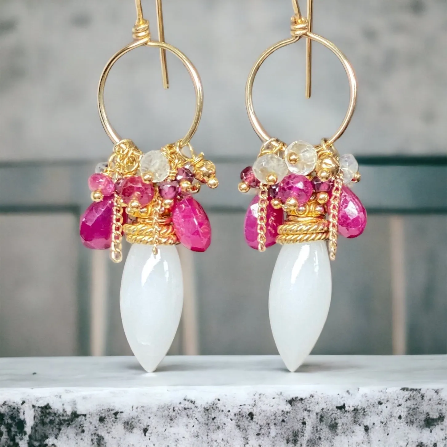 Ruby Hoop Earrings in Gold Fill with White Aventurine