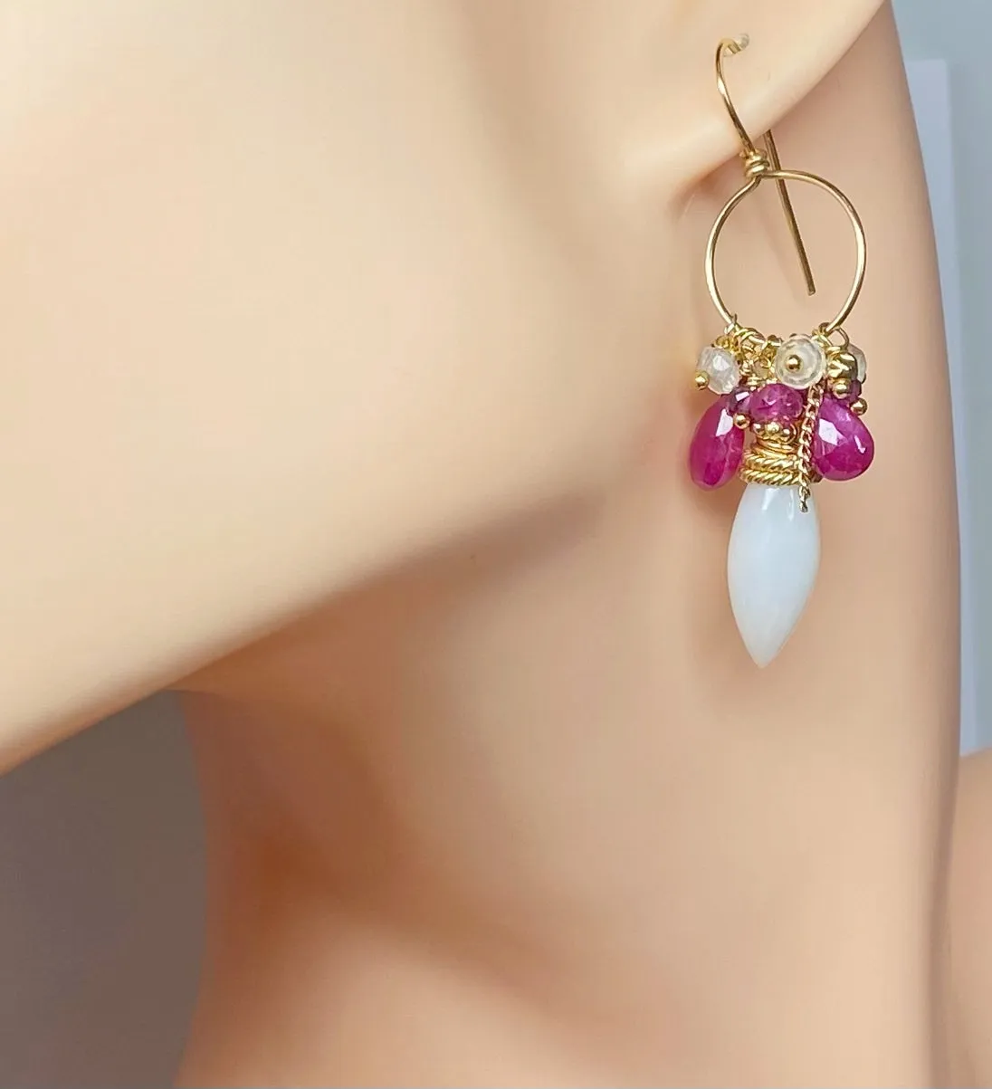 Ruby Hoop Earrings in Gold Fill with White Aventurine
