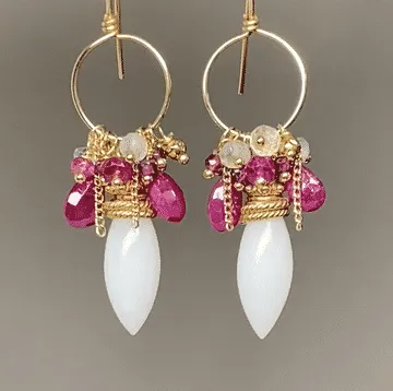 Ruby Hoop Earrings in Gold Fill with White Aventurine