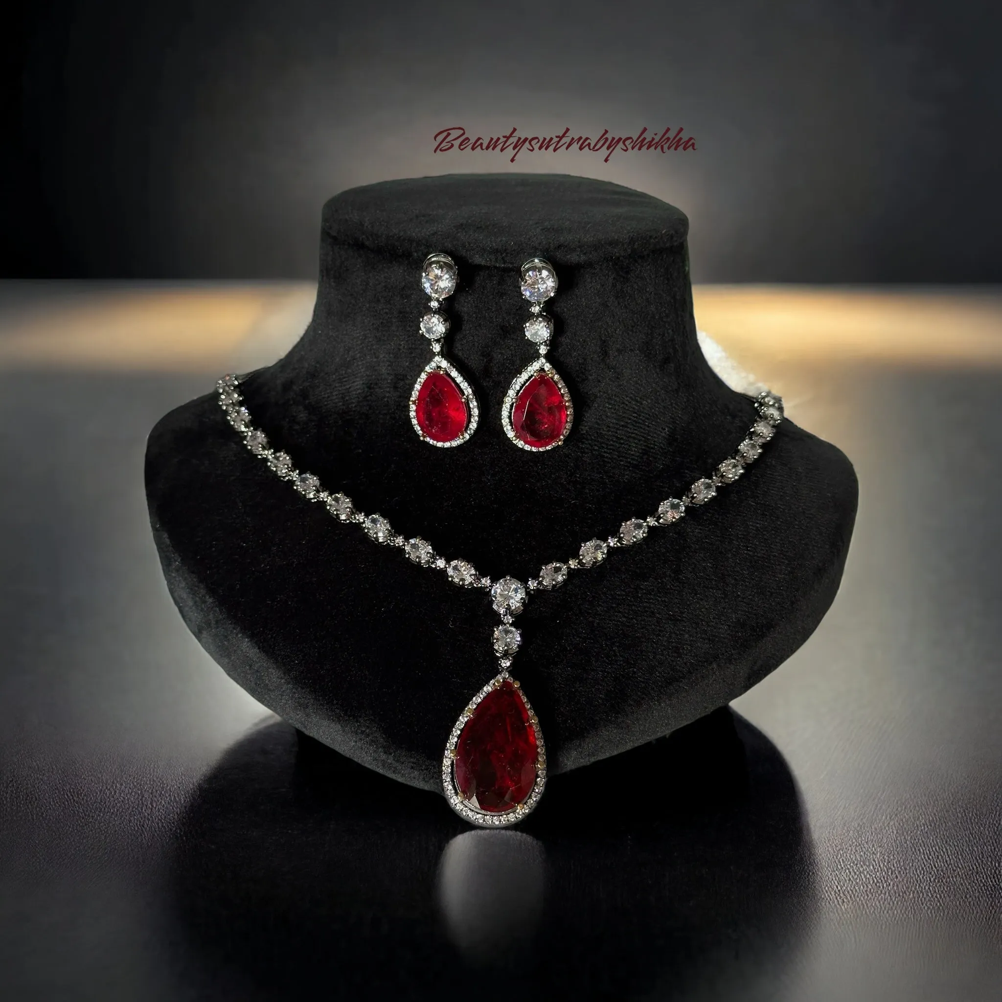 Ruby Necklace & Earring Set with CZ Diamonds – Elegant Ruby & Diamond Jewelry for Women