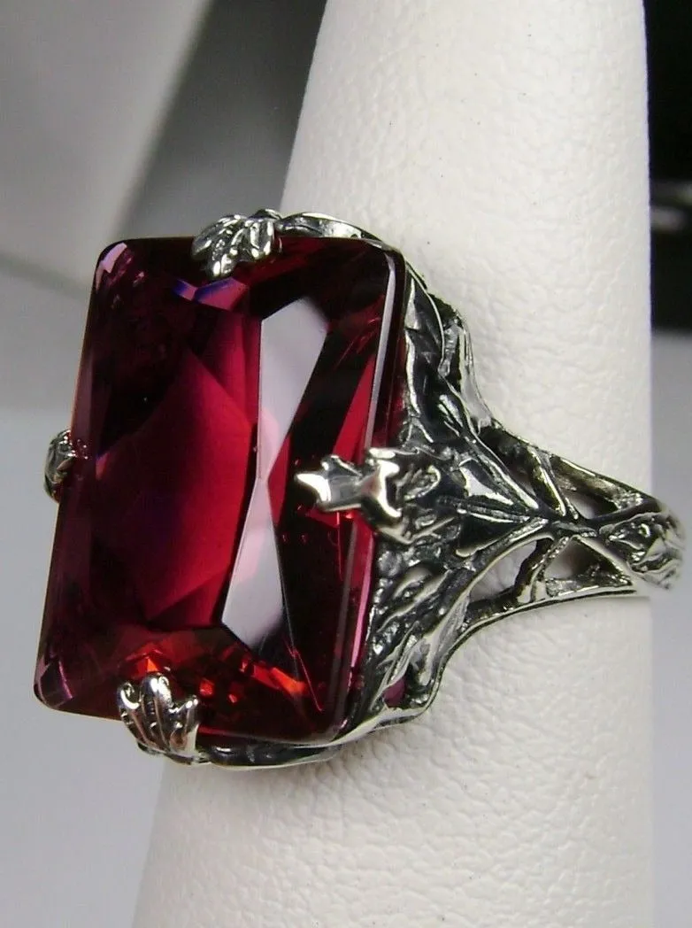 Ruby Ring, Art Deco 1930s Leaf and Floral Filigree Jewelry, D15