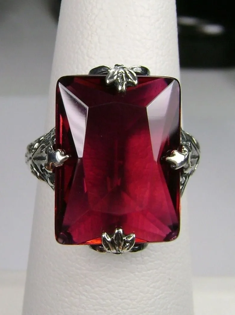 Ruby Ring, Art Deco 1930s Leaf and Floral Filigree Jewelry, D15