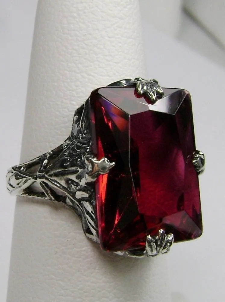 Ruby Ring, Art Deco 1930s Leaf and Floral Filigree Jewelry, D15