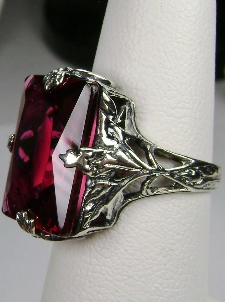 Ruby Ring, Art Deco 1930s Leaf and Floral Filigree Jewelry, D15