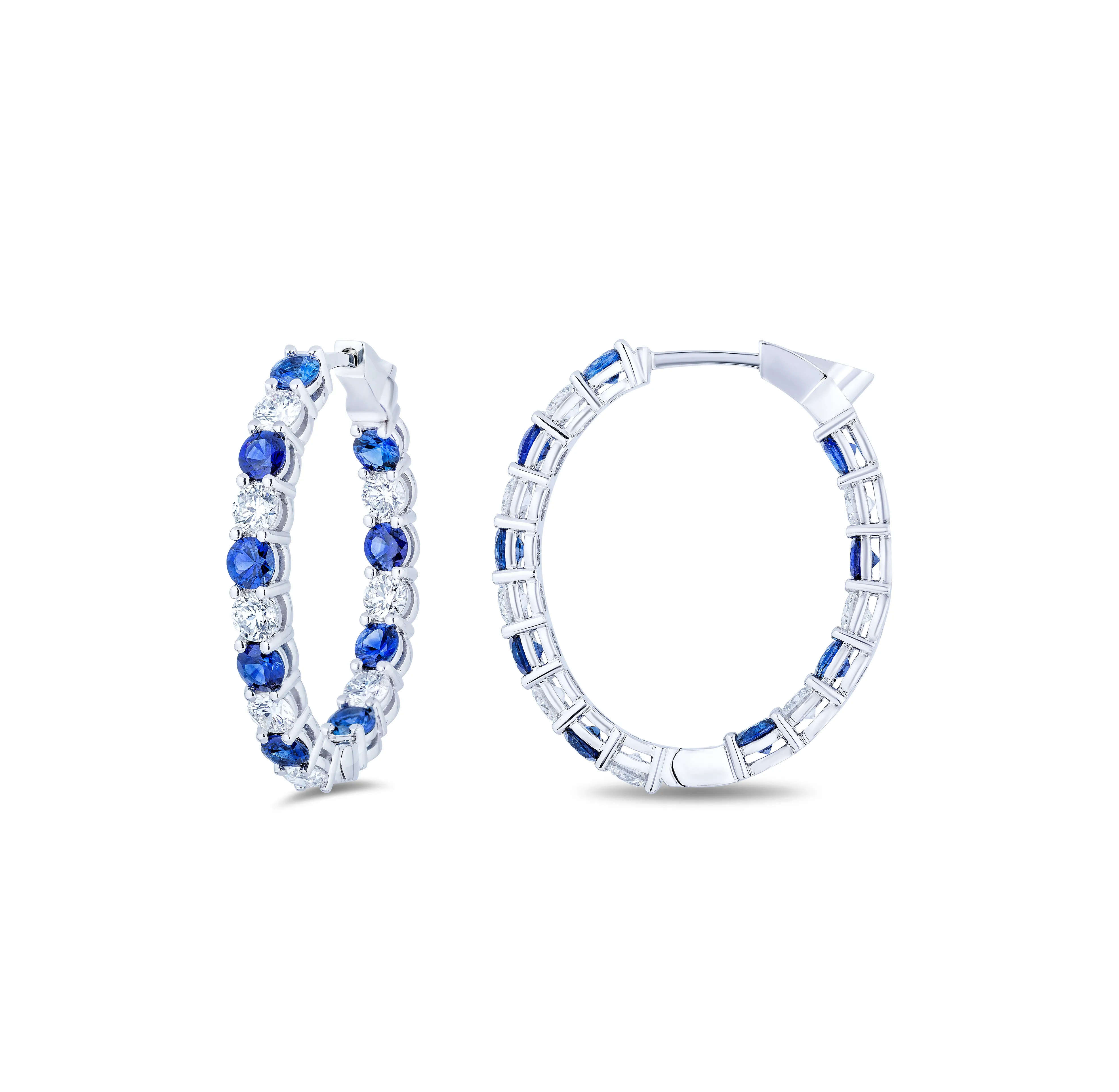 Sabel Collection White Gold Alternating Sapphire and Diamond Hoop Earrings