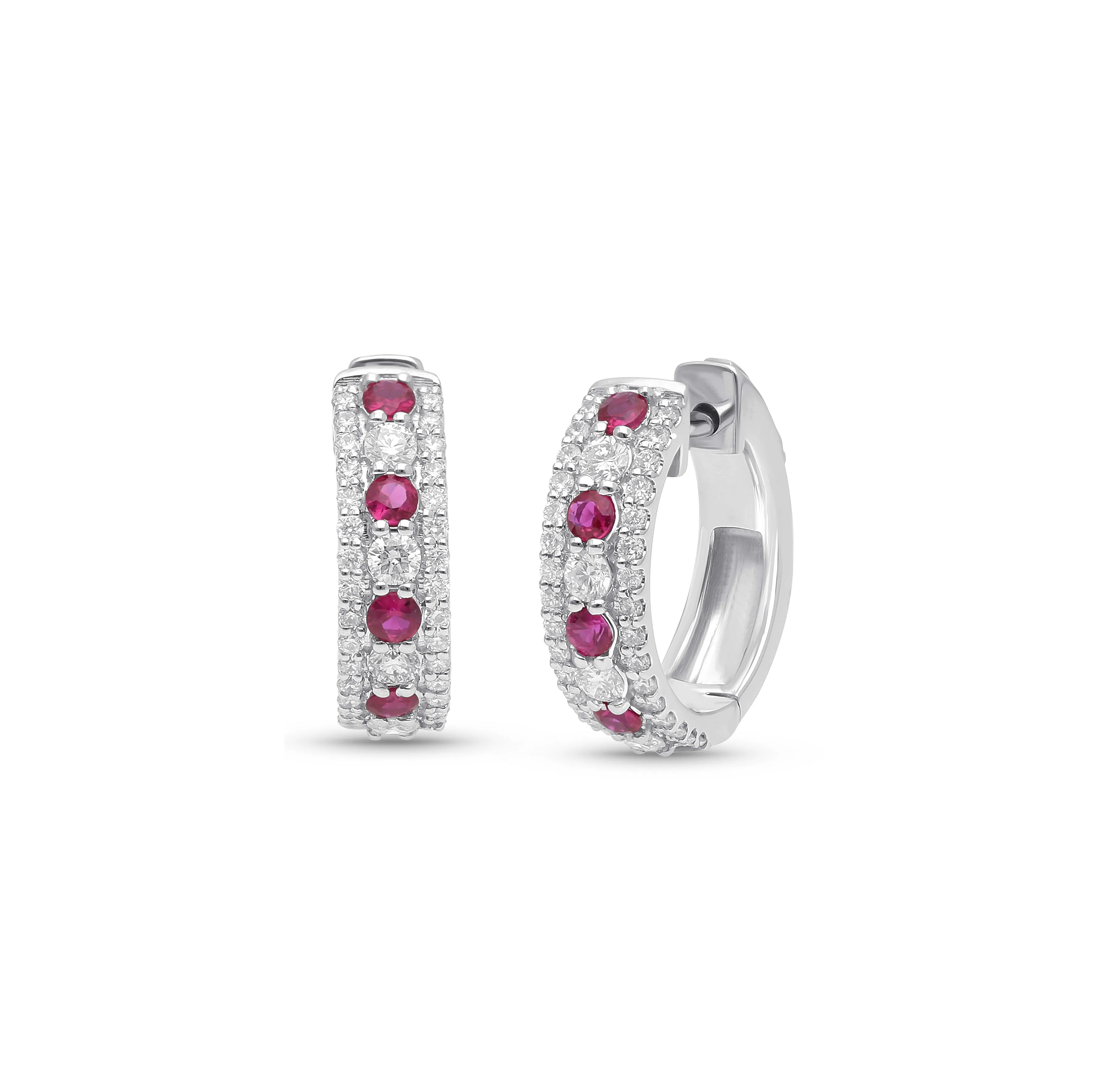 Sabel Collection White Gold Round Ruby and Diamond Huggie Hoop Earrings