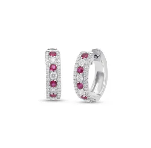 Sabel Collection White Gold Round Ruby and Diamond Huggie Hoop Earrings