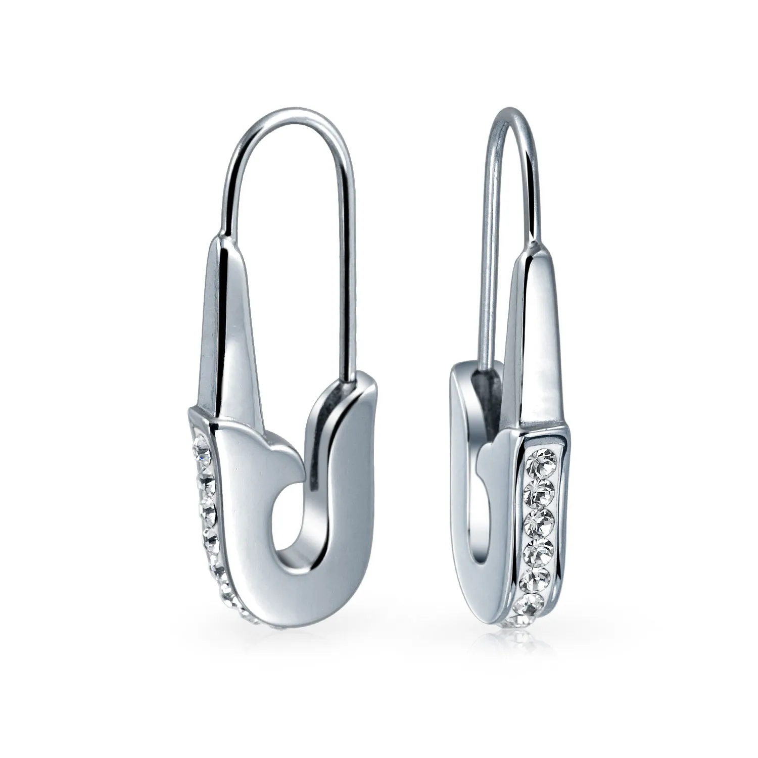 Safety Pin Threader Earrings Crystal Accent Silver Tone Surgical Steel