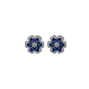 Sapphire & Diamond Flower Stud Earring in White Gold