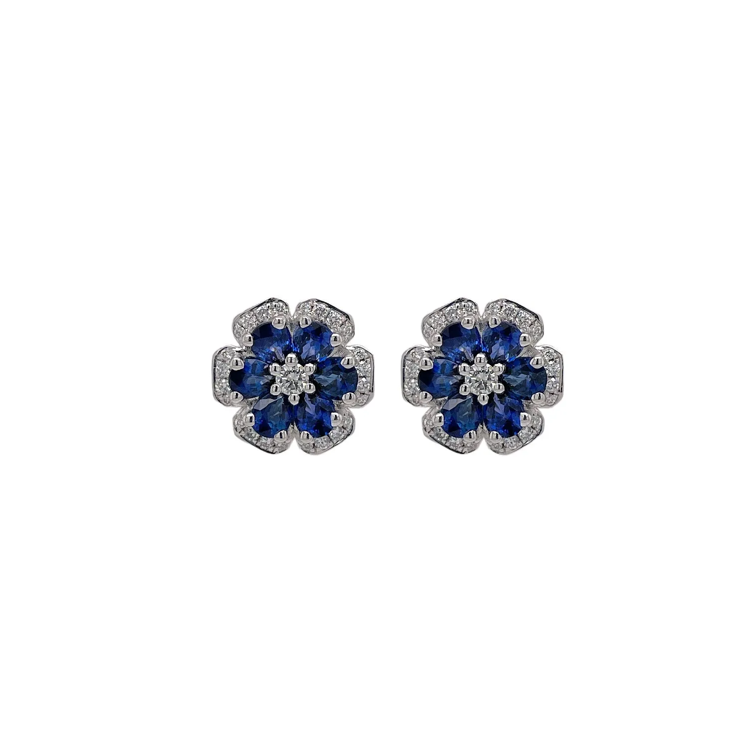 Sapphire & Diamond Flower Stud Earring in White Gold