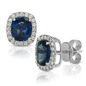 Sapphire Cushion Stud Earrings with Round Cut Diamonds on a 14k White Gold Halo Setting
