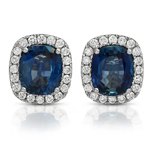 Sapphire Cushion Stud Earrings with Round Cut Diamonds on a 14k White Gold Halo Setting