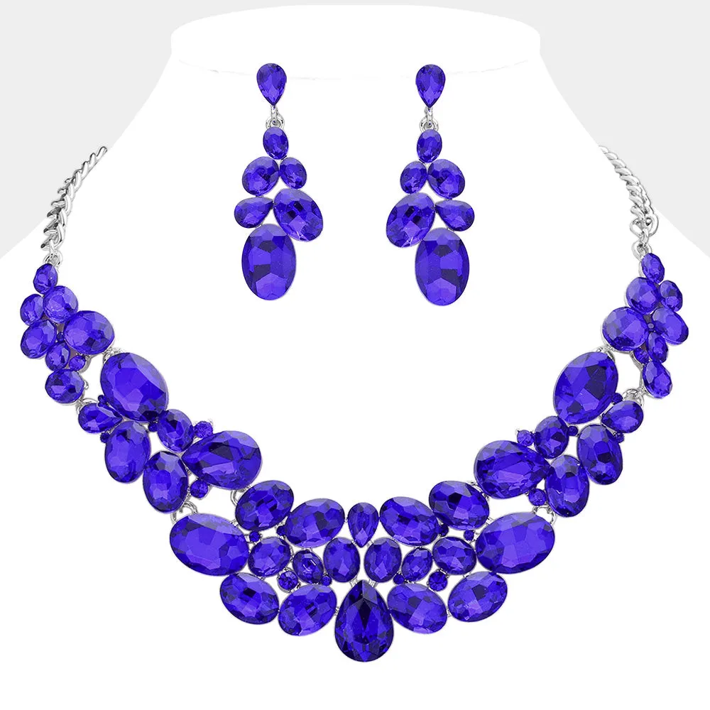 Sapphire Multi Stone Bubble Cluster Prom Necklace Set  | Evening Necklace with Earrings |  636323