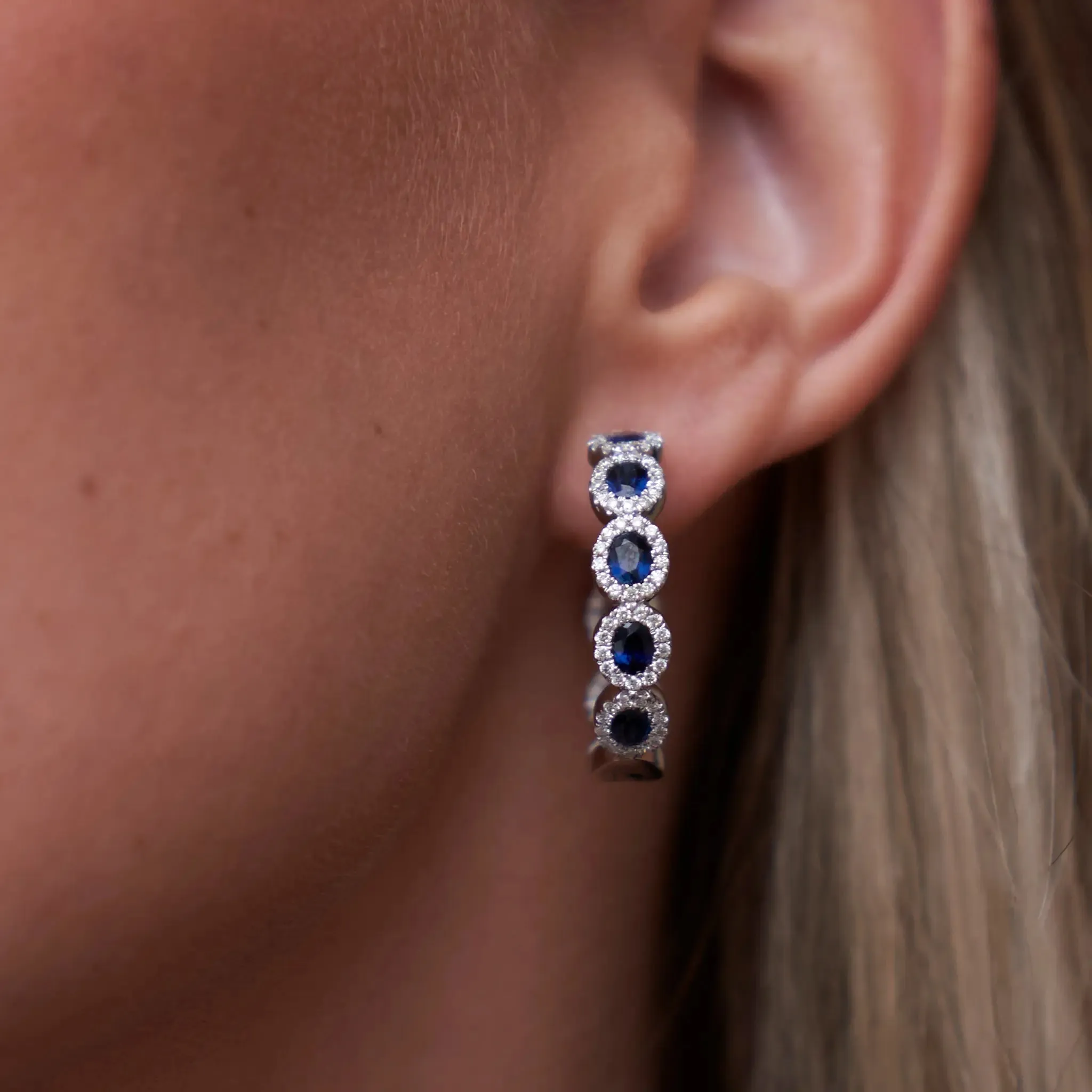 Sapphire with Diamond Halo Hoop Earrings