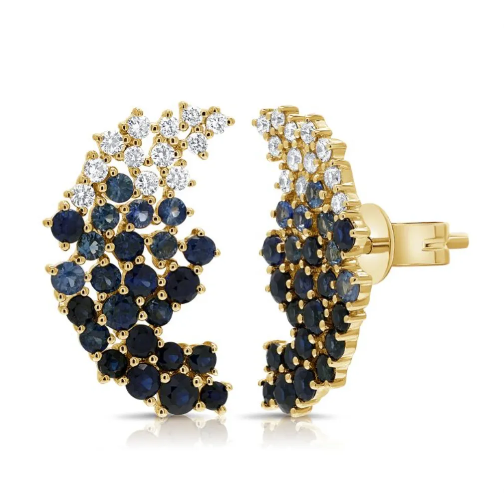 Scattered Blue Sapphire   Diamond Statement Earrings