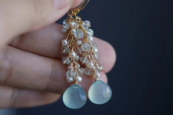 Seafoam Chalcedony Seed Pearl Earrings Handmade Gold Dangle Earrings with Pearl Clusters