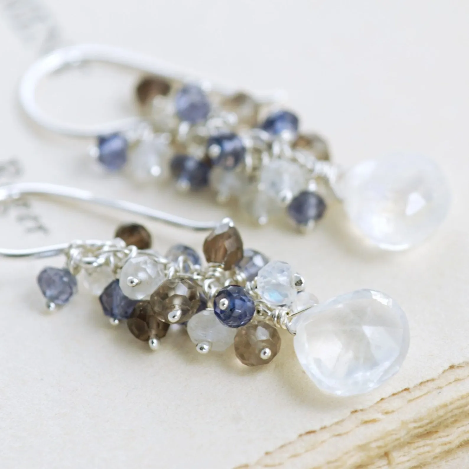 Seafoam Chalcedony Seed Pearl Earrings Handmade Gold Dangle Earrings with Pearl Clusters
