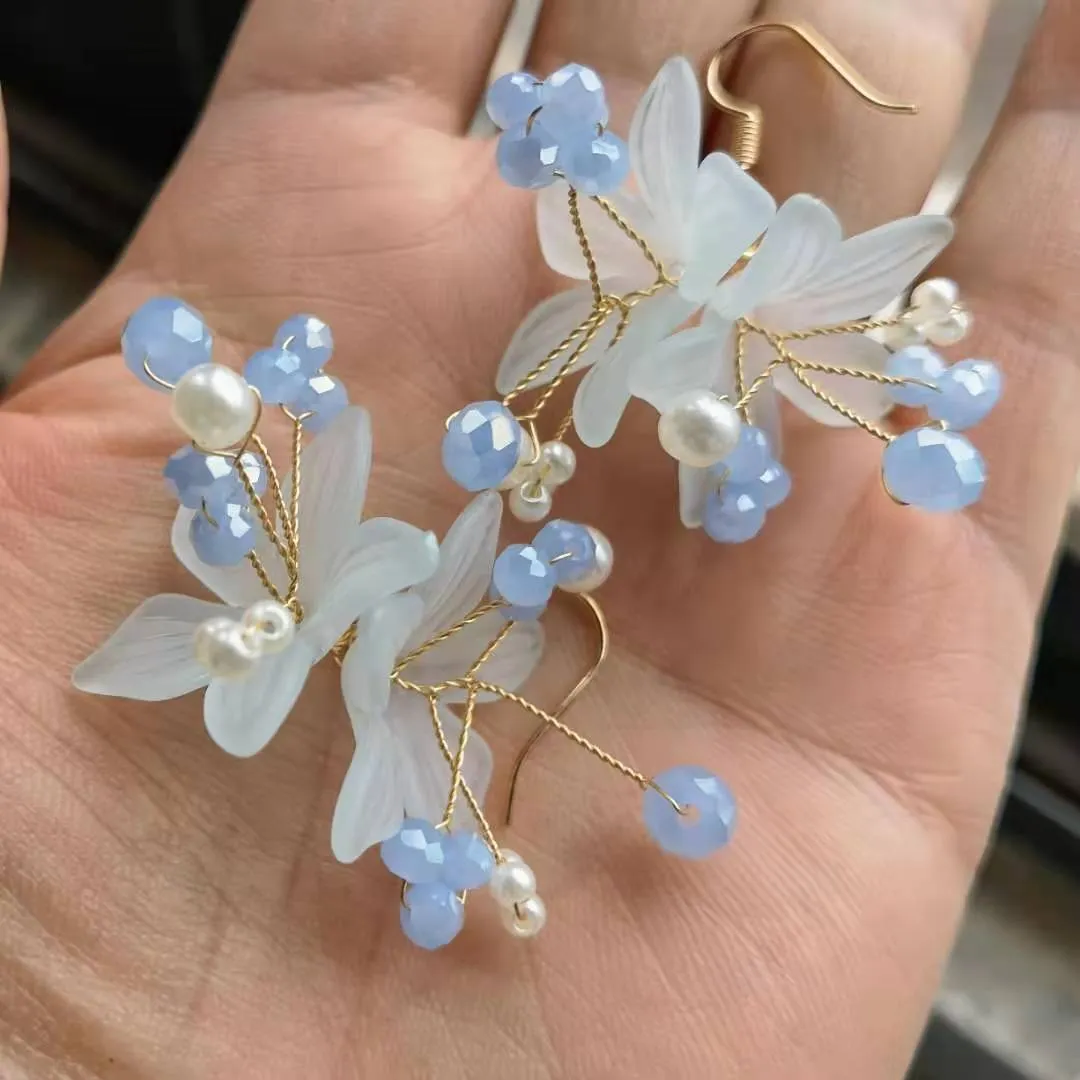 Seafoam Chalcedony Seed Pearl Earrings Handmade Gold Dangle Earrings with Pearl Clusters