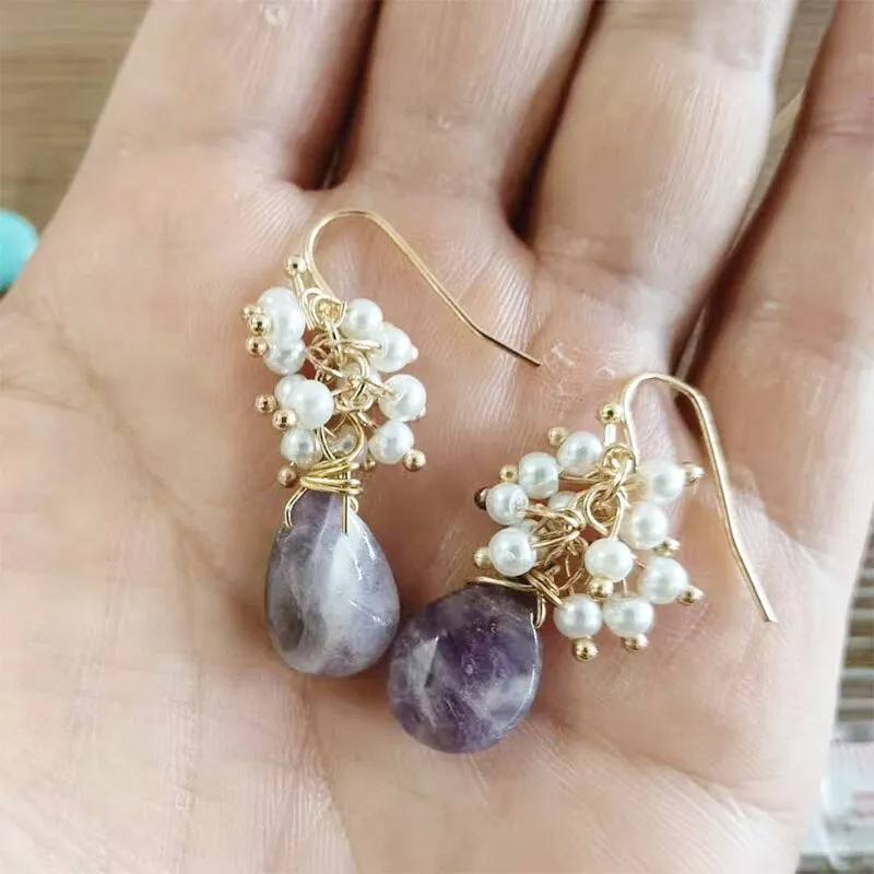 Seafoam Chalcedony Seed Pearl Earrings Handmade Gold Dangle Earrings with Pearl Clusters