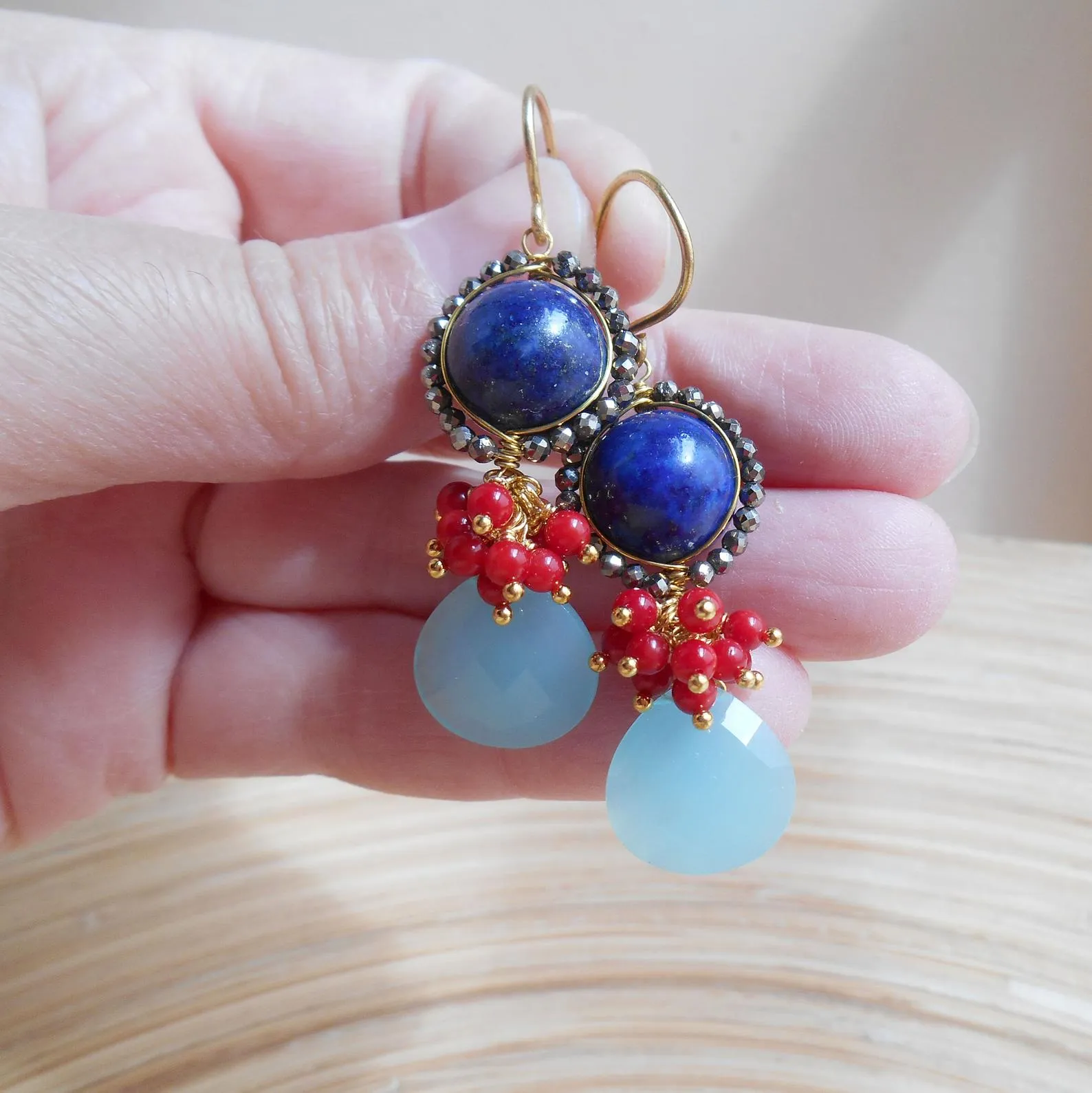 Seafoam Chalcedony Seed Pearl Earrings Handmade Gold Dangle Earrings with Pearl Clusters
