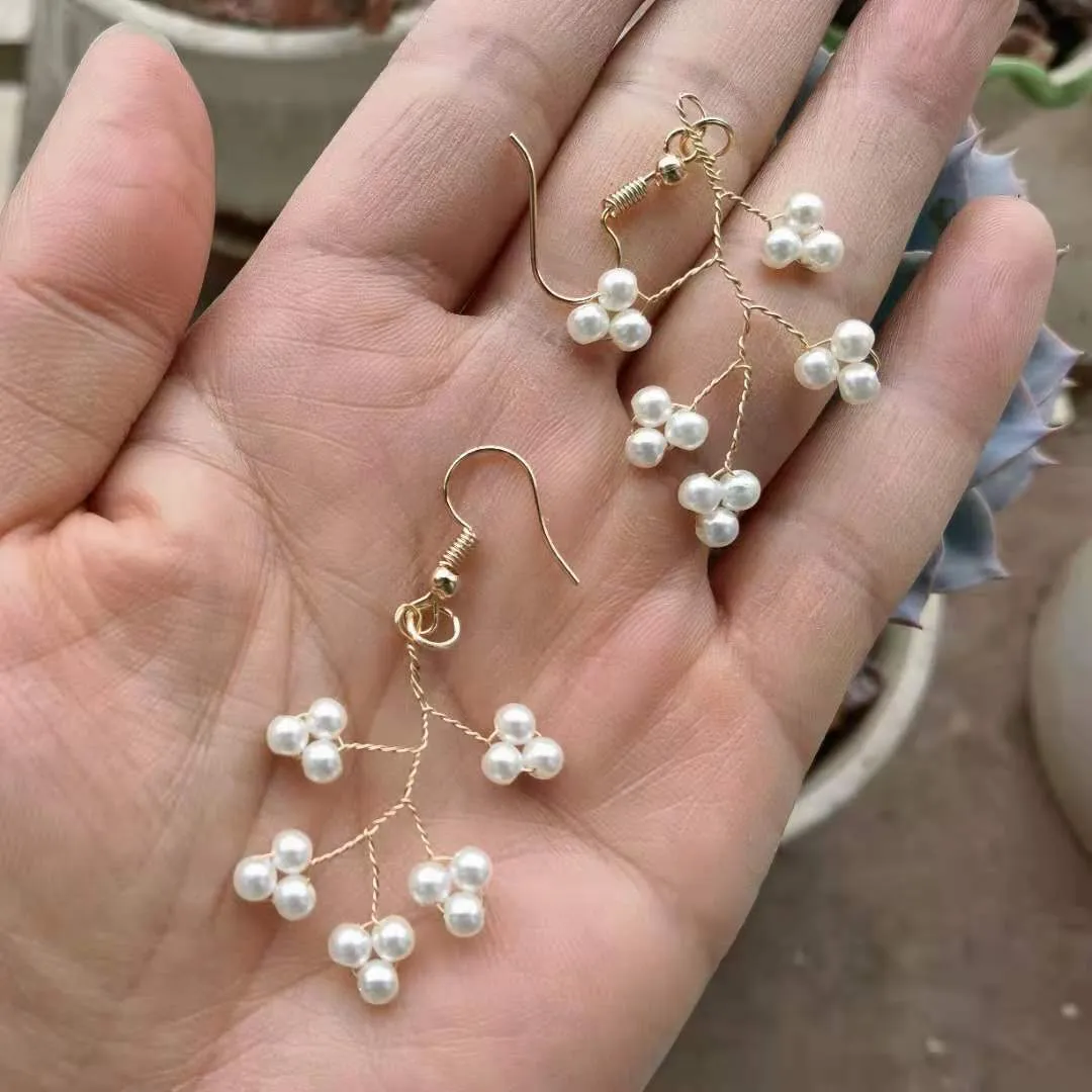 Seafoam Chalcedony Seed Pearl Earrings Handmade Gold Dangle Earrings with Pearl Clusters