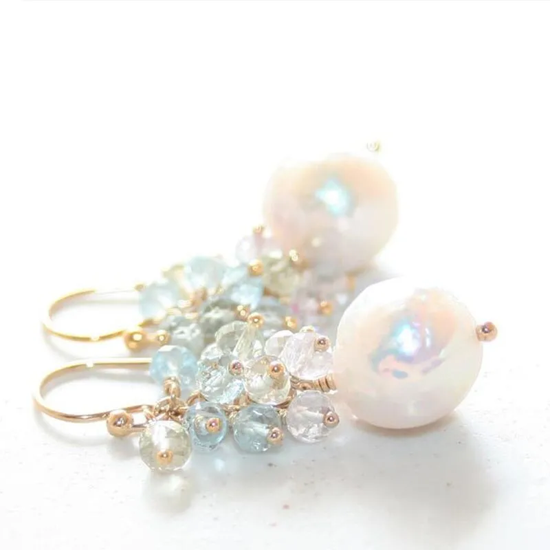 Seafoam Chalcedony Seed Pearl Earrings Handmade Gold Dangle Earrings with Pearl Clusters