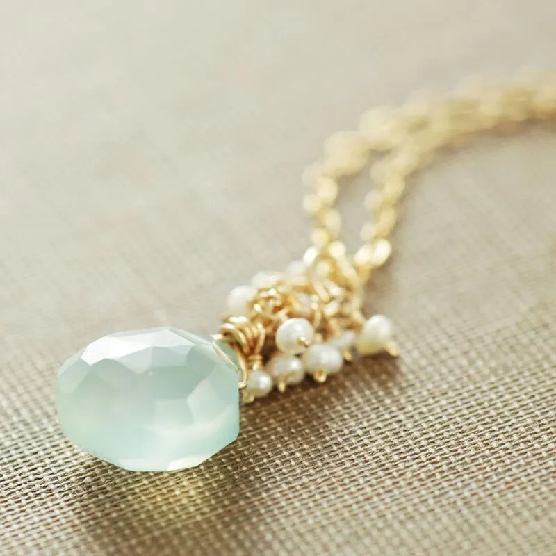 Seafoam Chalcedony Seed Pearl Earrings Handmade Gold Dangle Earrings with Pearl Clusters