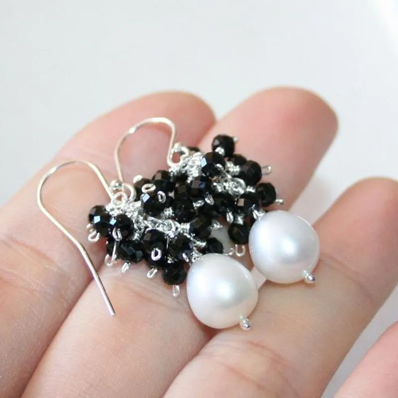 Seafoam Chalcedony Seed Pearl Earrings Handmade Gold Dangle Earrings with Pearl Clusters
