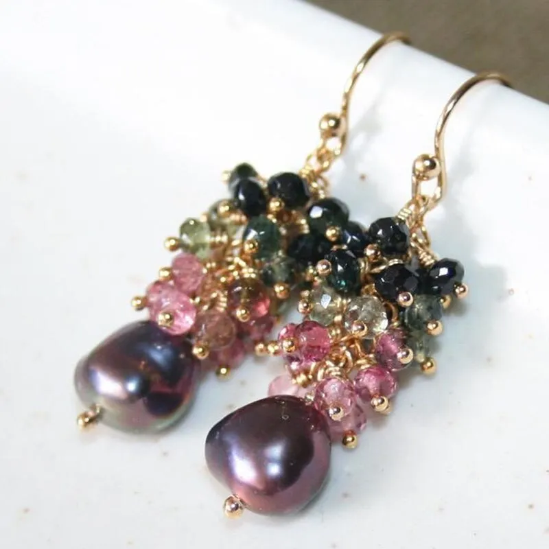 Seafoam Chalcedony Seed Pearl Earrings Handmade Gold Dangle Earrings with Pearl Clusters