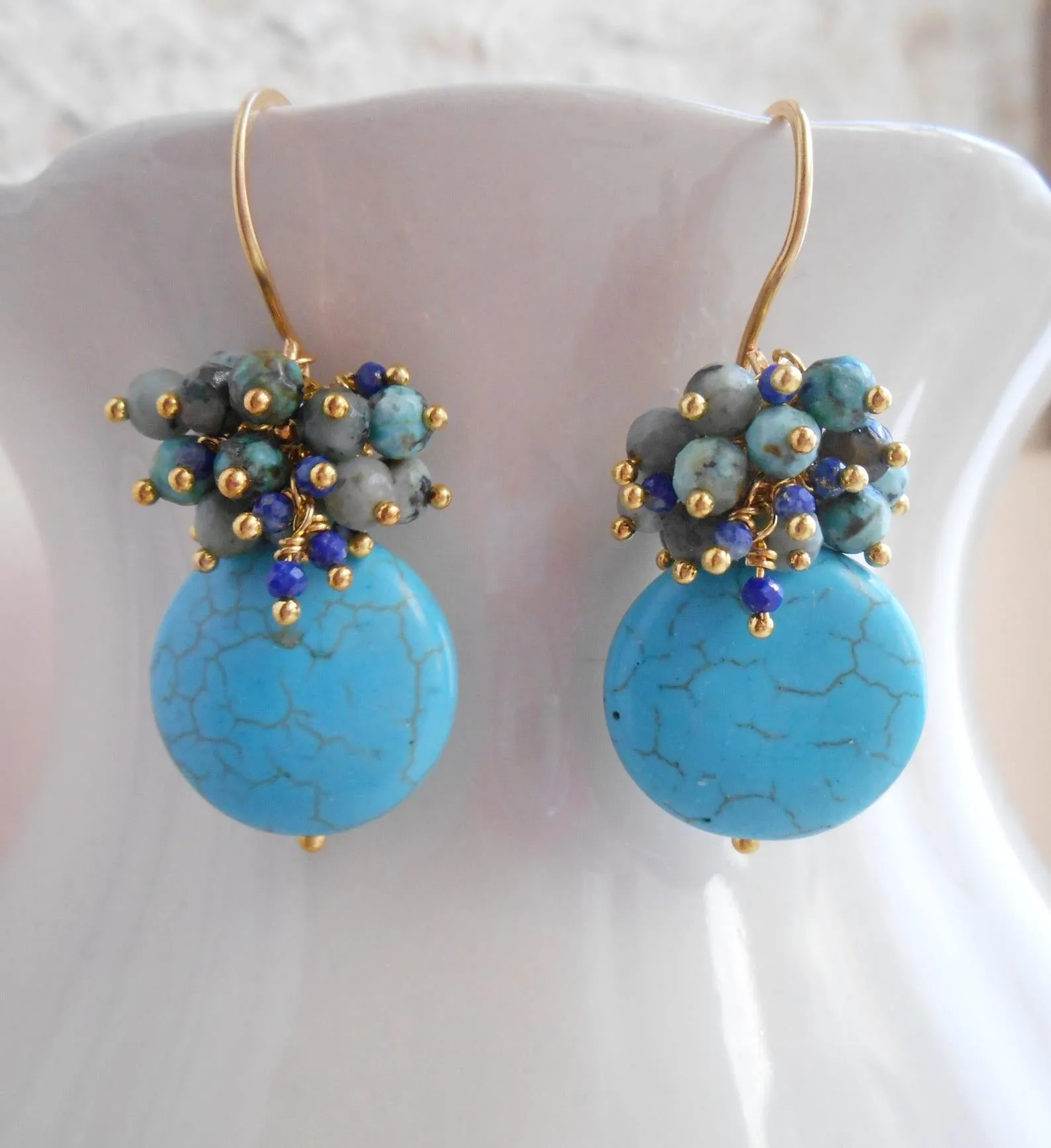 Seafoam Chalcedony Seed Pearl Earrings Handmade Gold Dangle Earrings with Pearl Clusters