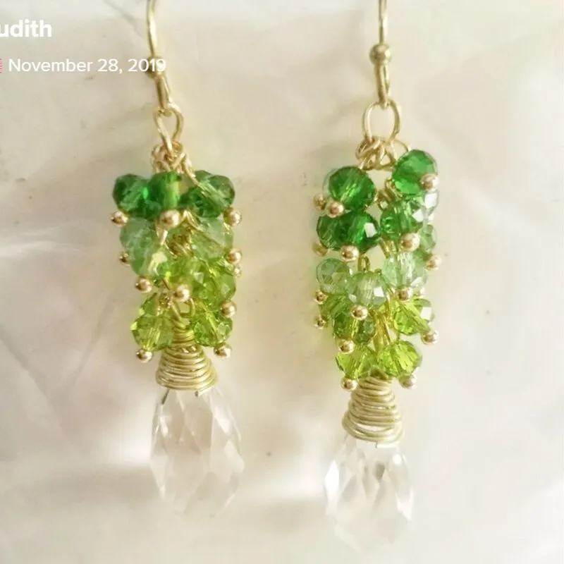 Seafoam Chalcedony Seed Pearl Earrings Handmade Gold Dangle Earrings with Pearl Clusters