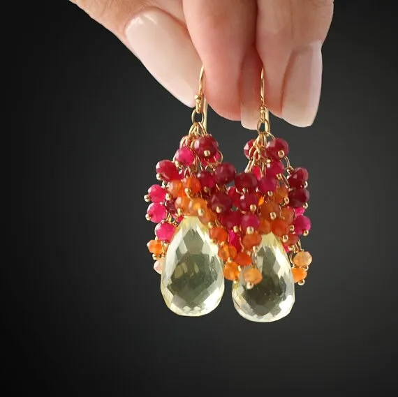 Seafoam Chalcedony Seed Pearl Earrings Handmade Gold Dangle Earrings with Pearl Clusters