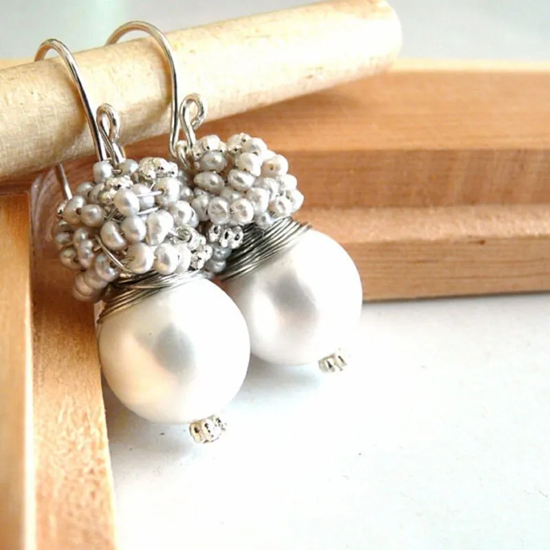 Seafoam Chalcedony Seed Pearl Earrings Handmade Gold Dangle Earrings with Pearl Clusters