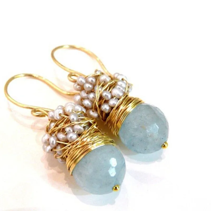 Seafoam Chalcedony Seed Pearl Earrings Handmade Gold Dangle Earrings with Pearl Clusters